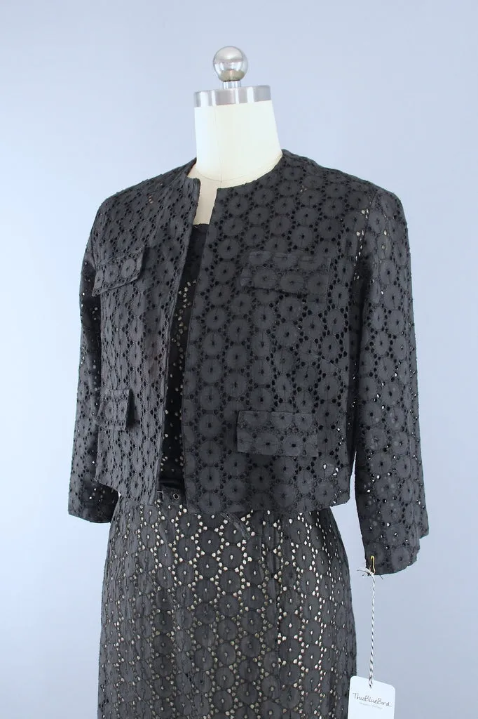 Vintage 1950s Black Cotton Eyelet Day Dress & Jacket Set