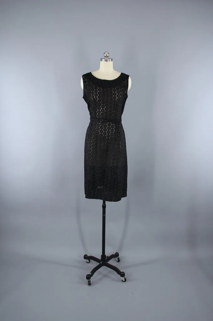 Vintage 1950s Black Cotton Eyelet Day Dress & Jacket Set