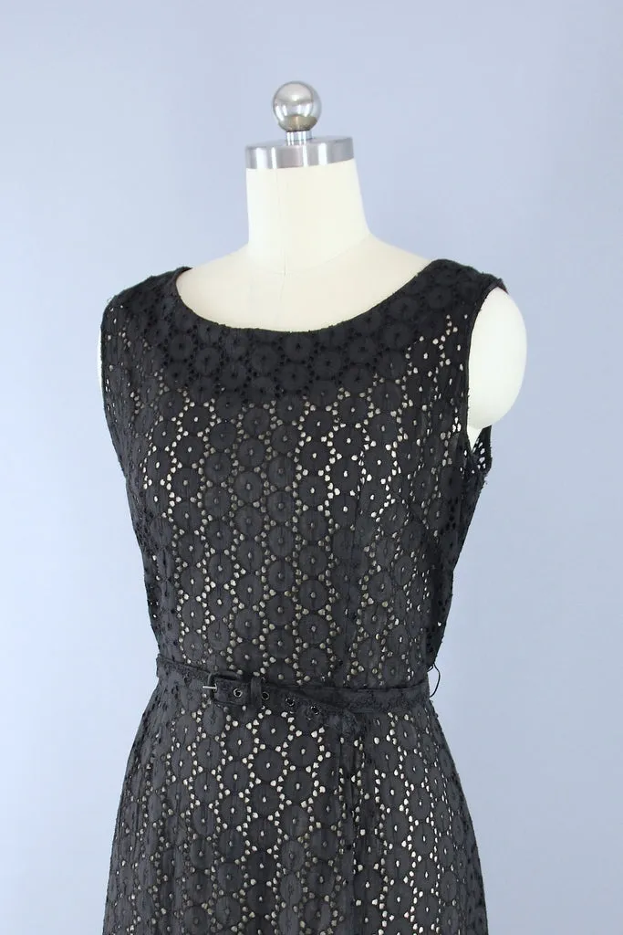 Vintage 1950s Black Cotton Eyelet Day Dress & Jacket Set