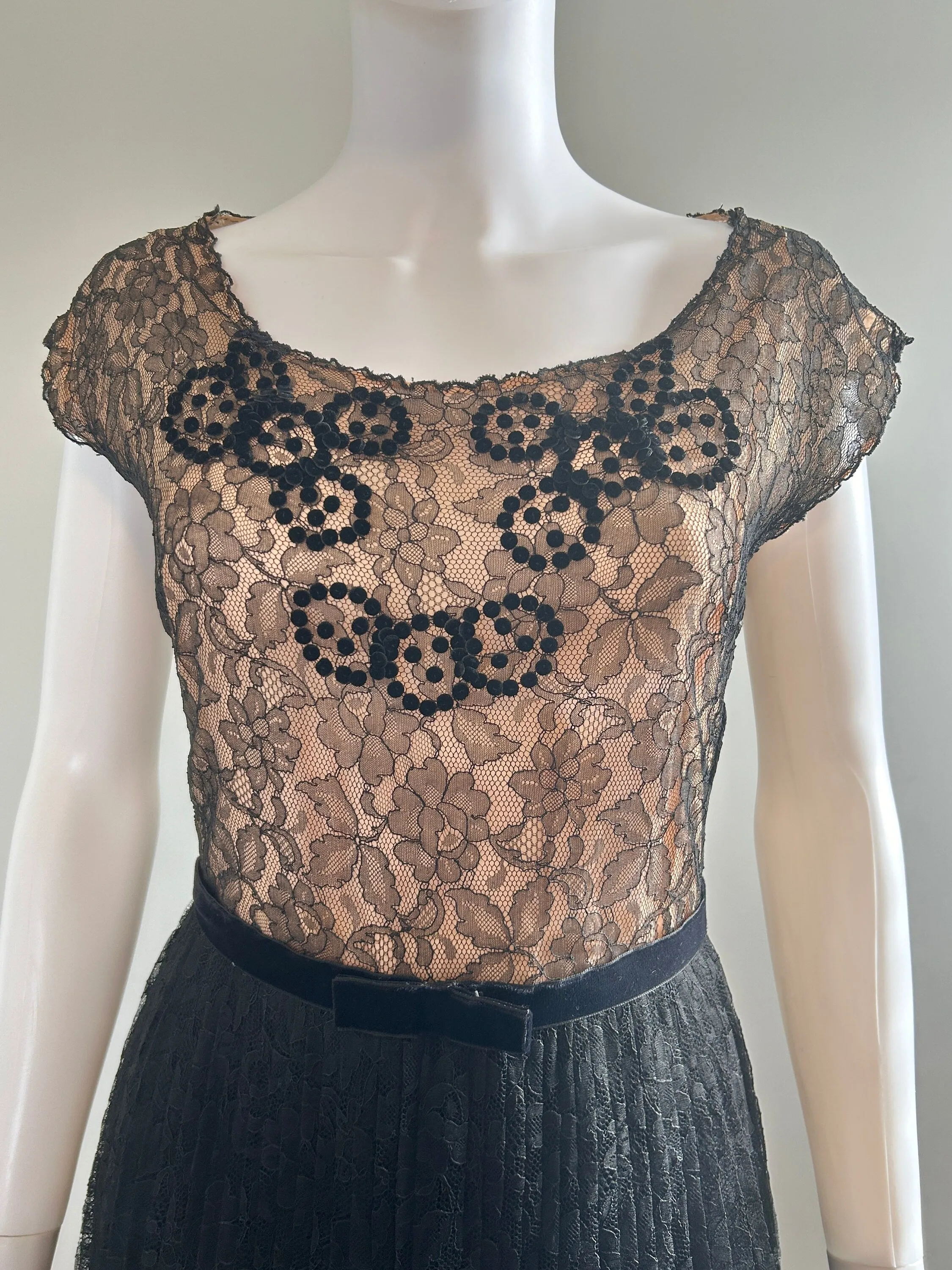 Vintage 1950s Black Lace Illusion Party Dress / 50s retro fit and flare dress / Size S