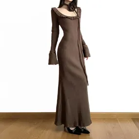 Vintage Fashion Brown Knit Long Dress Flare Sleeve Solid Elegant Autumn Dress Ruffles Split Korean Slit Fairycore