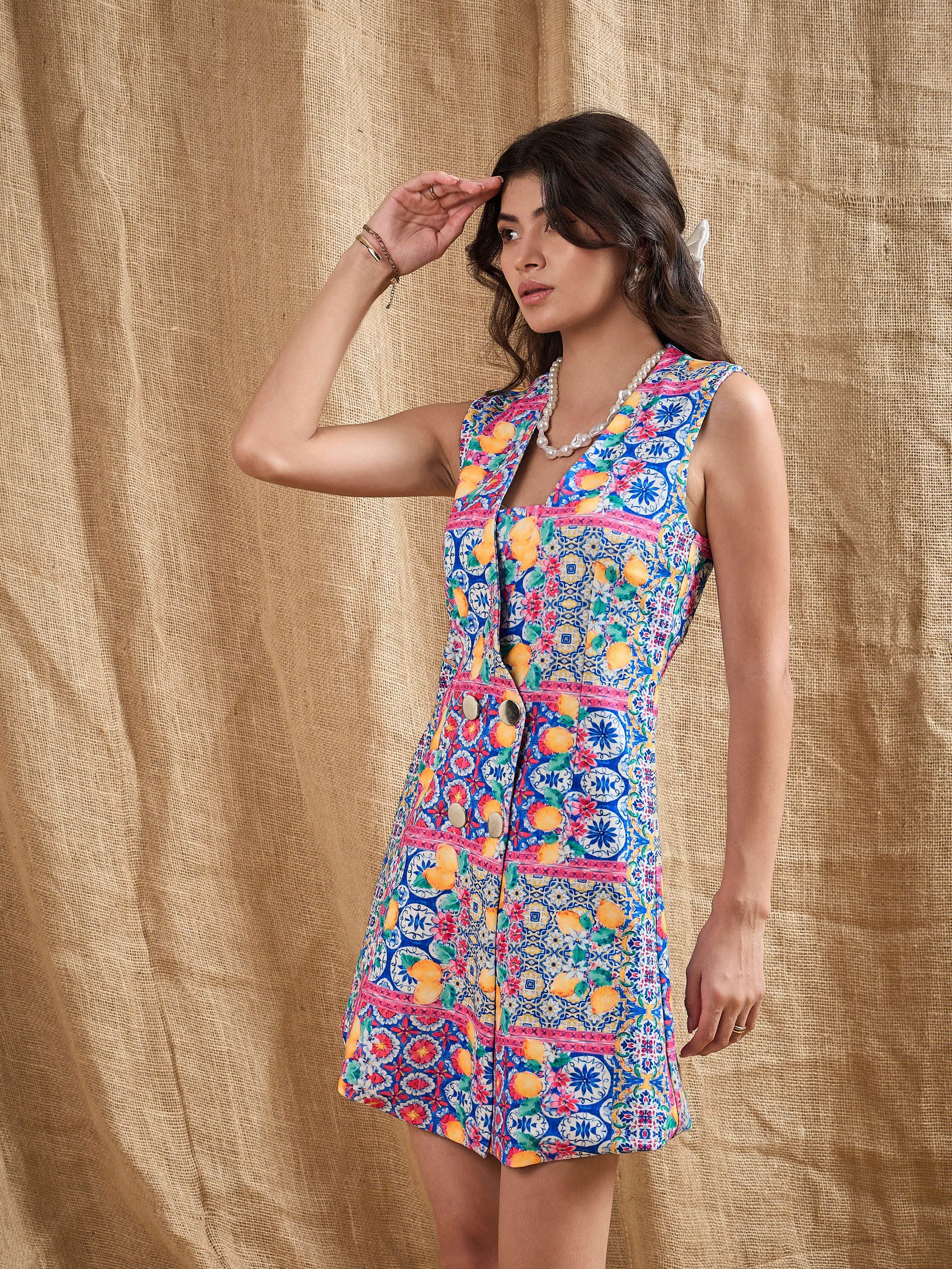 Women Blue Printed Double Breast Sleeveless Blazer Dress