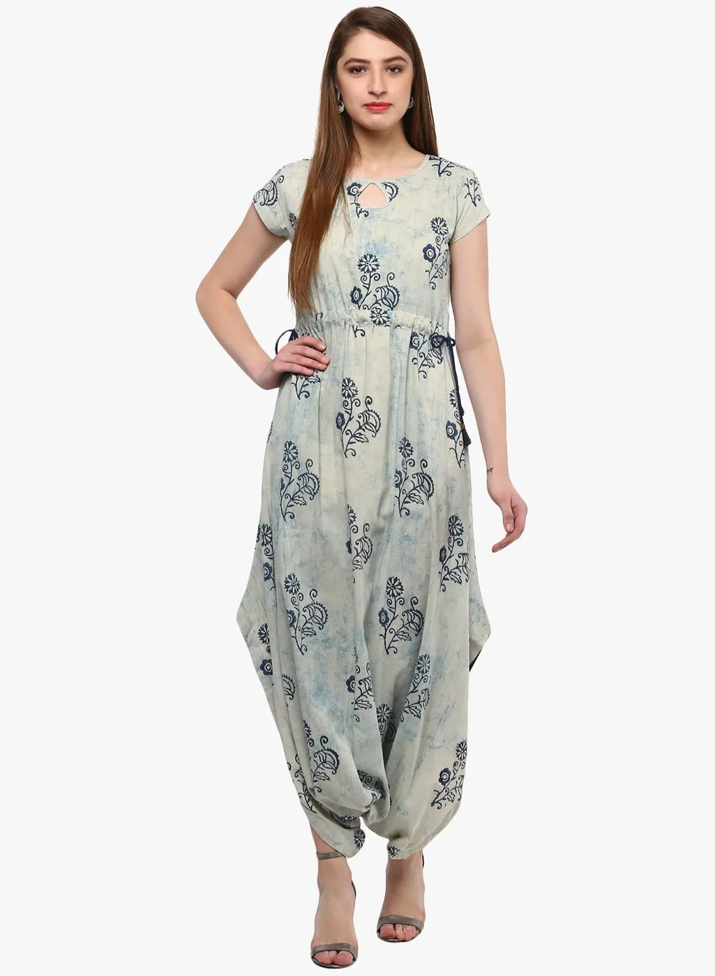 Women'S Indigo Hand Block Dhoti Style Cotton Jumpsuit