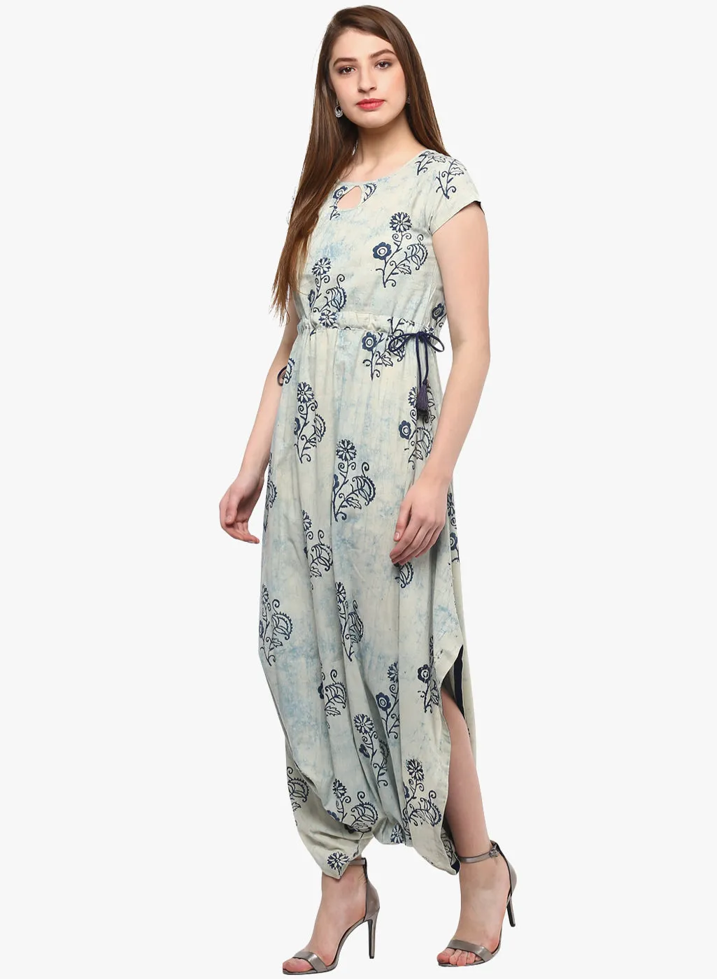 Women'S Indigo Hand Block Dhoti Style Cotton Jumpsuit