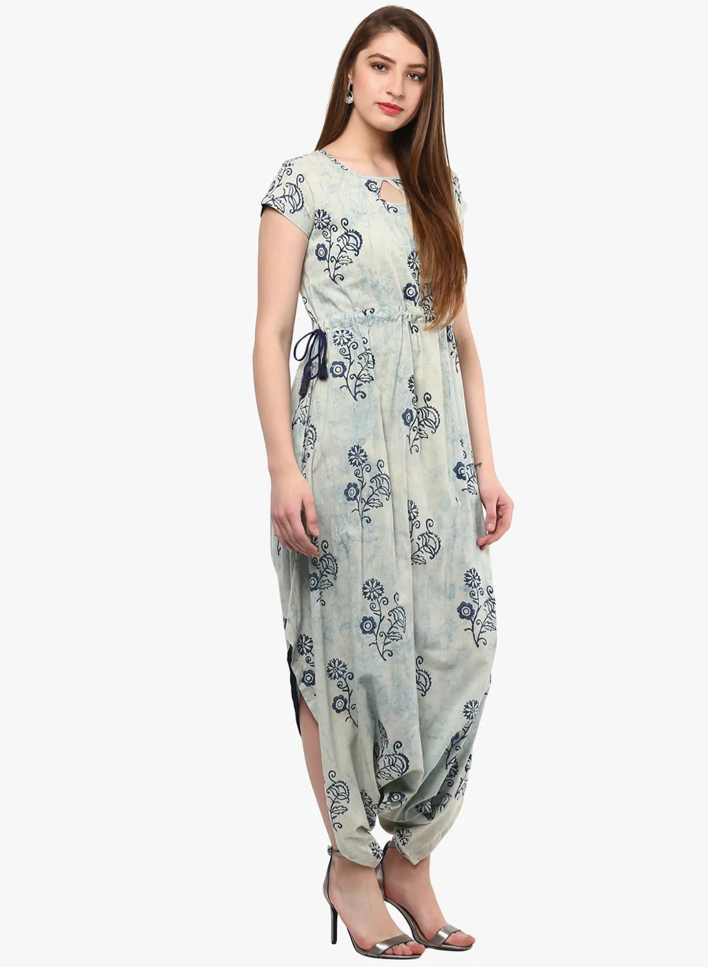 Women'S Indigo Hand Block Dhoti Style Cotton Jumpsuit