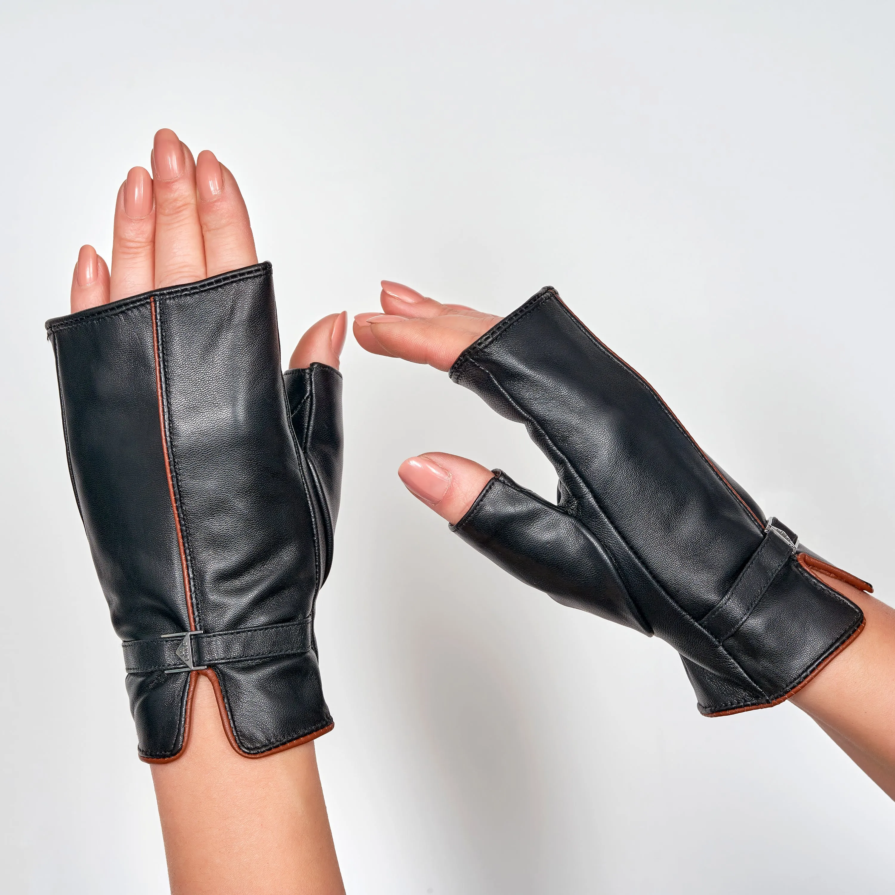 Womens LADY AUTO Fingerless Black Leather Cashemere Lined Gloves