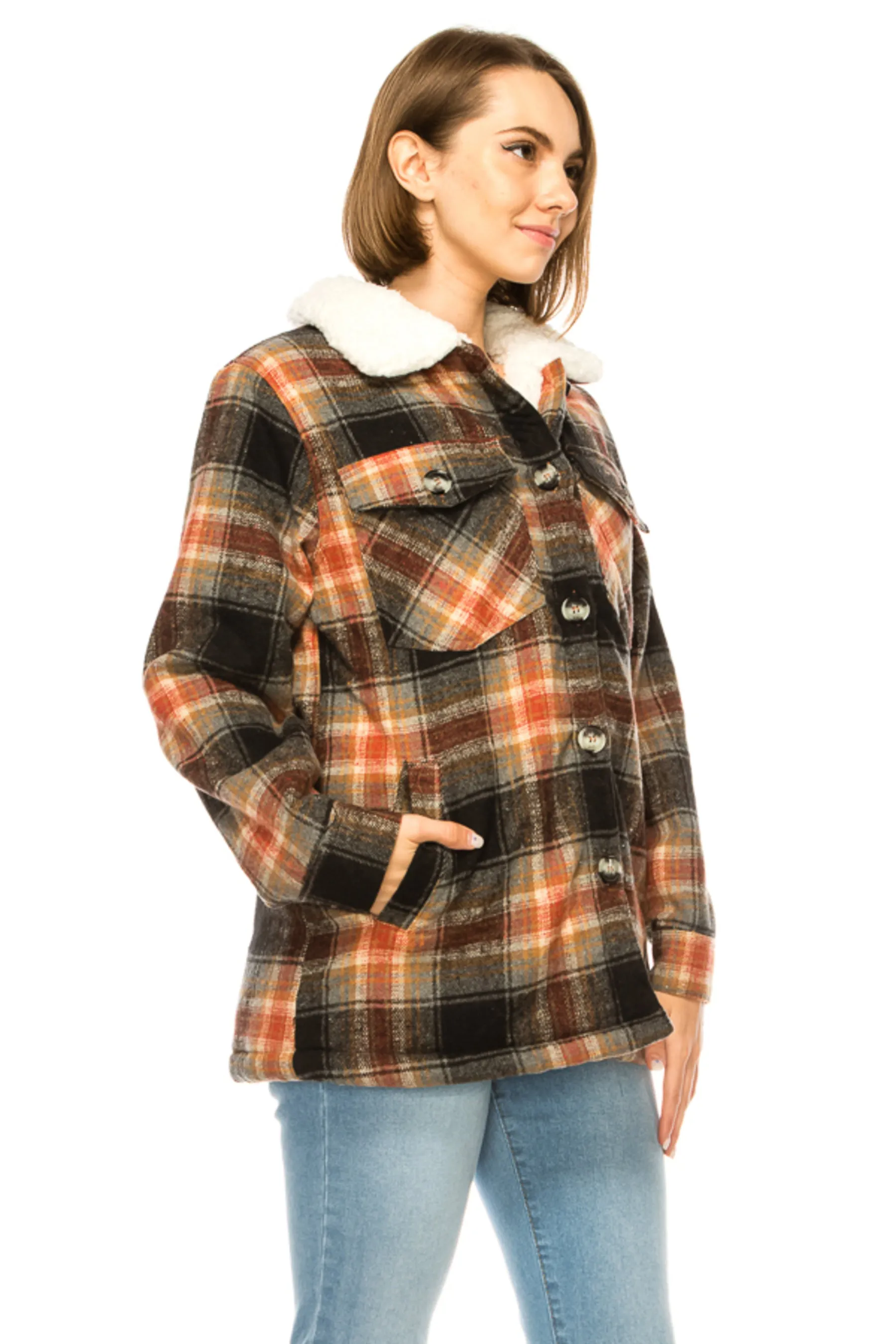 Women's Plaid fleece lined flannel jacket with side pockets