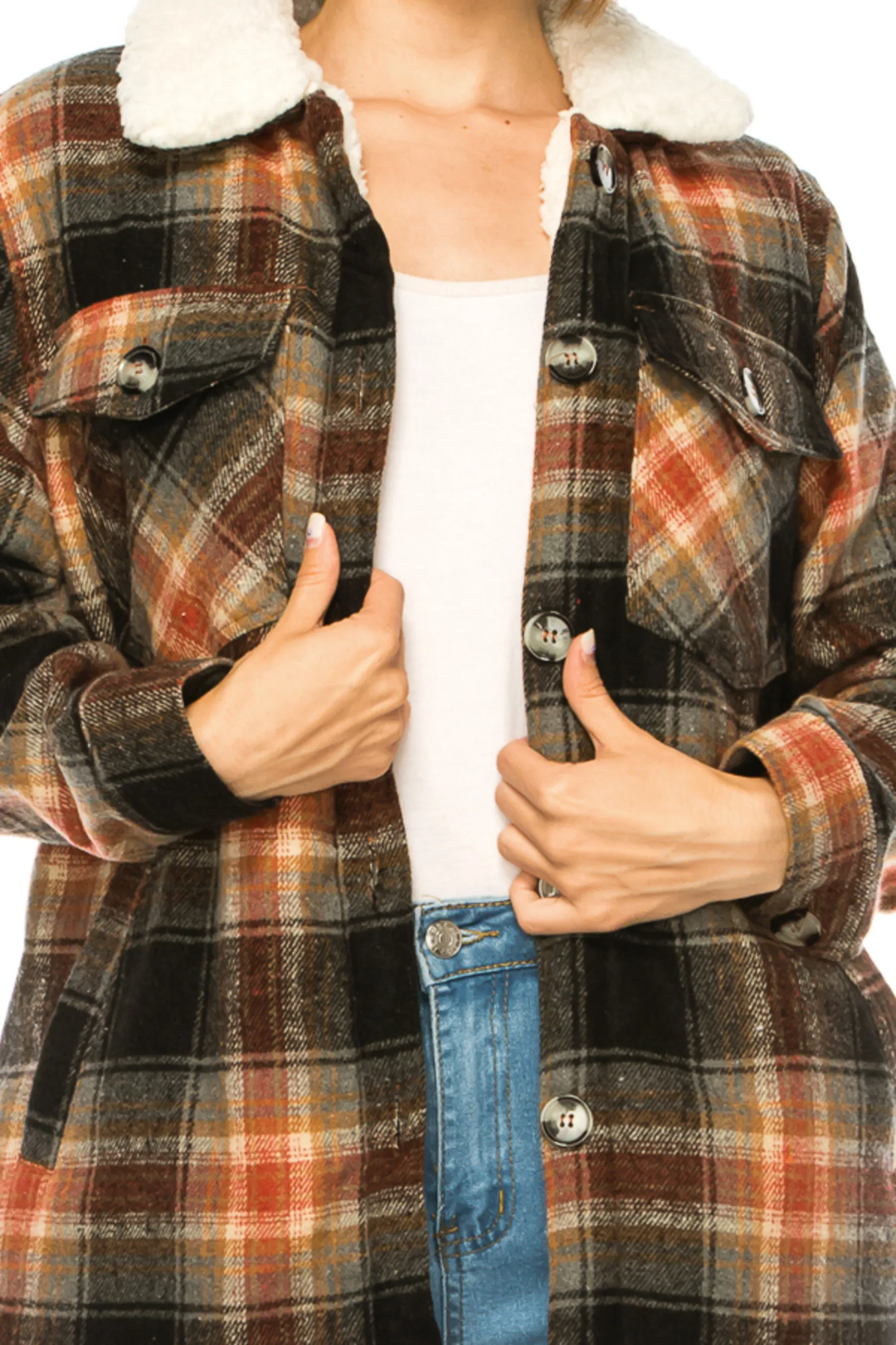 Women's Plaid fleece lined flannel jacket with side pockets