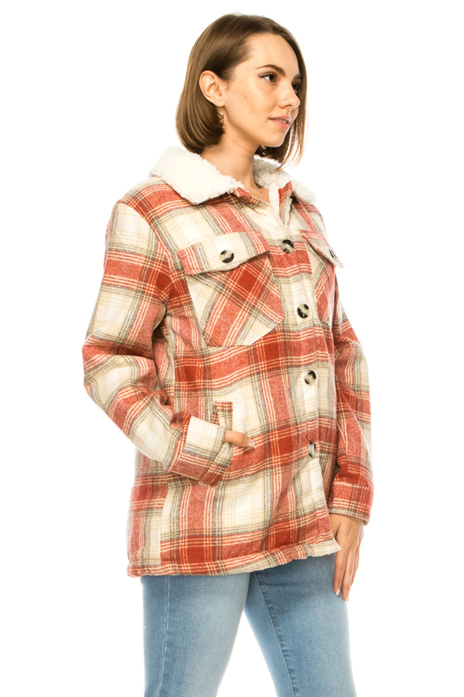 Women's Plaid fleece lined flannel jacket with side pockets