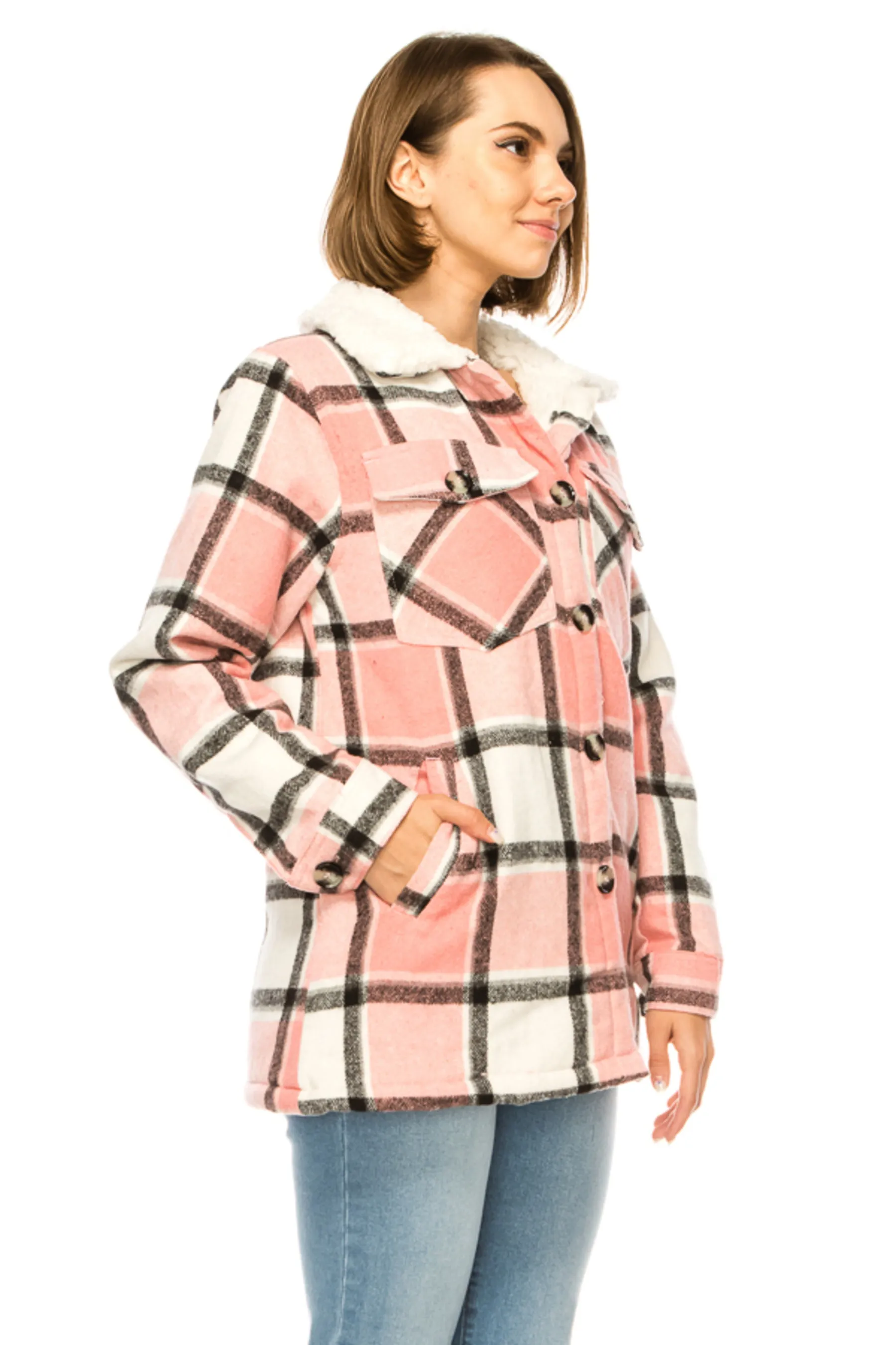 Women's Plaid fleece lined flannel jacket with side pockets