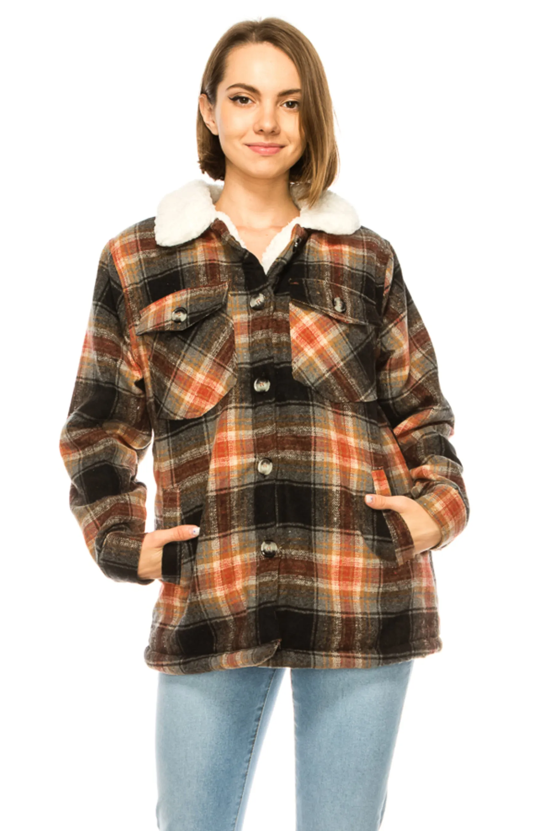 Women's Plaid fleece lined flannel jacket with side pockets