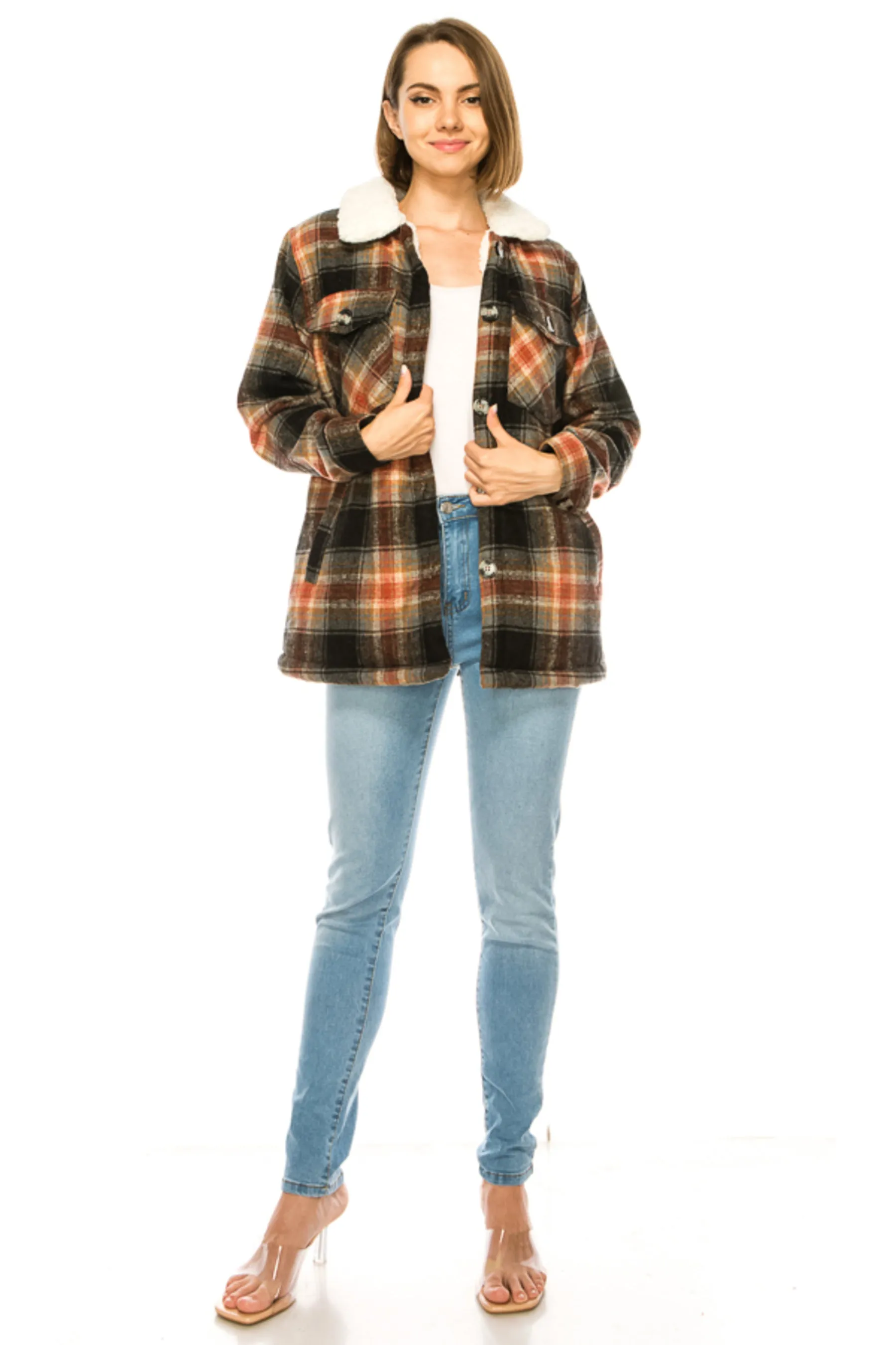 Women's Plaid fleece lined flannel jacket with side pockets