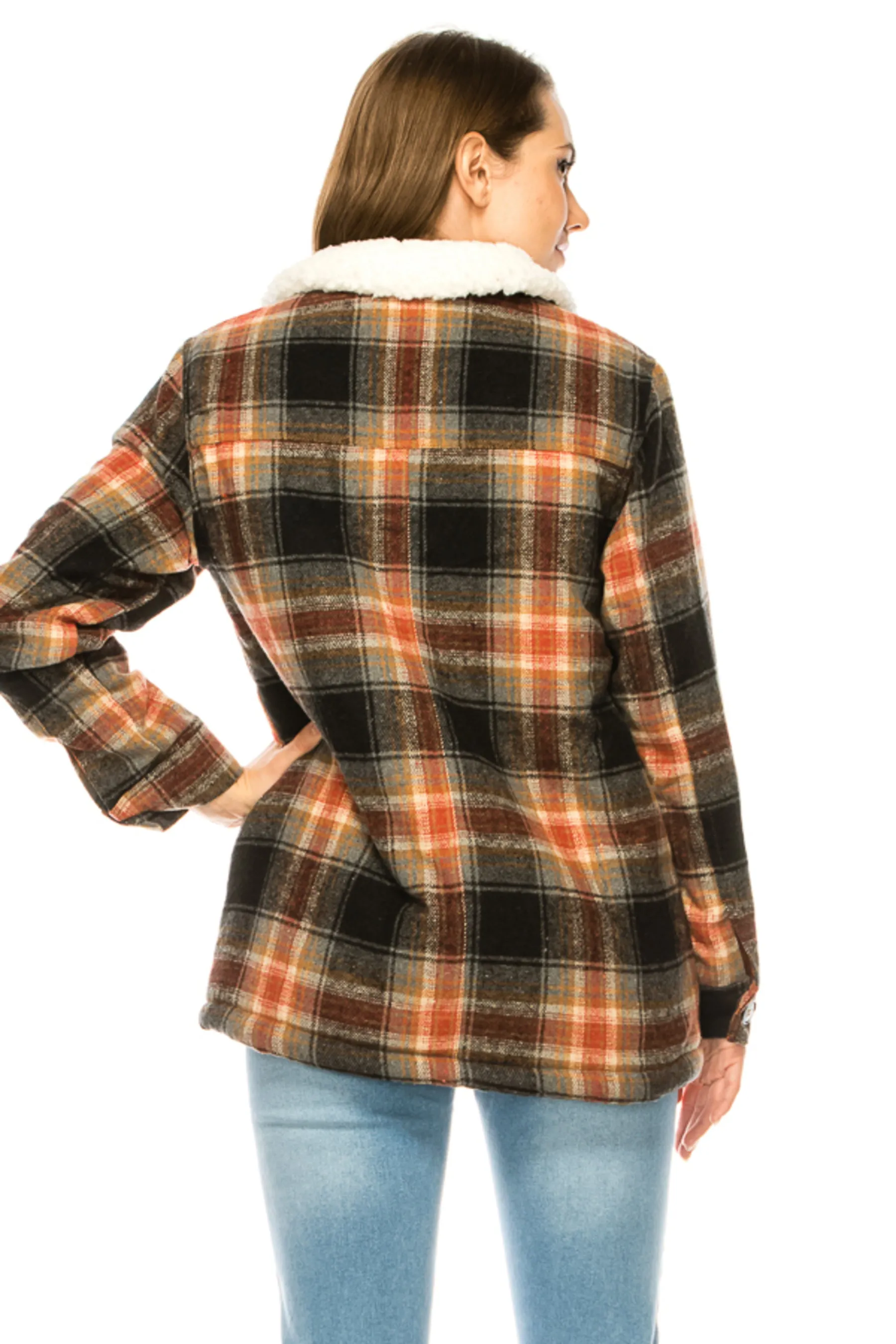 Women's Plaid fleece lined flannel jacket with side pockets