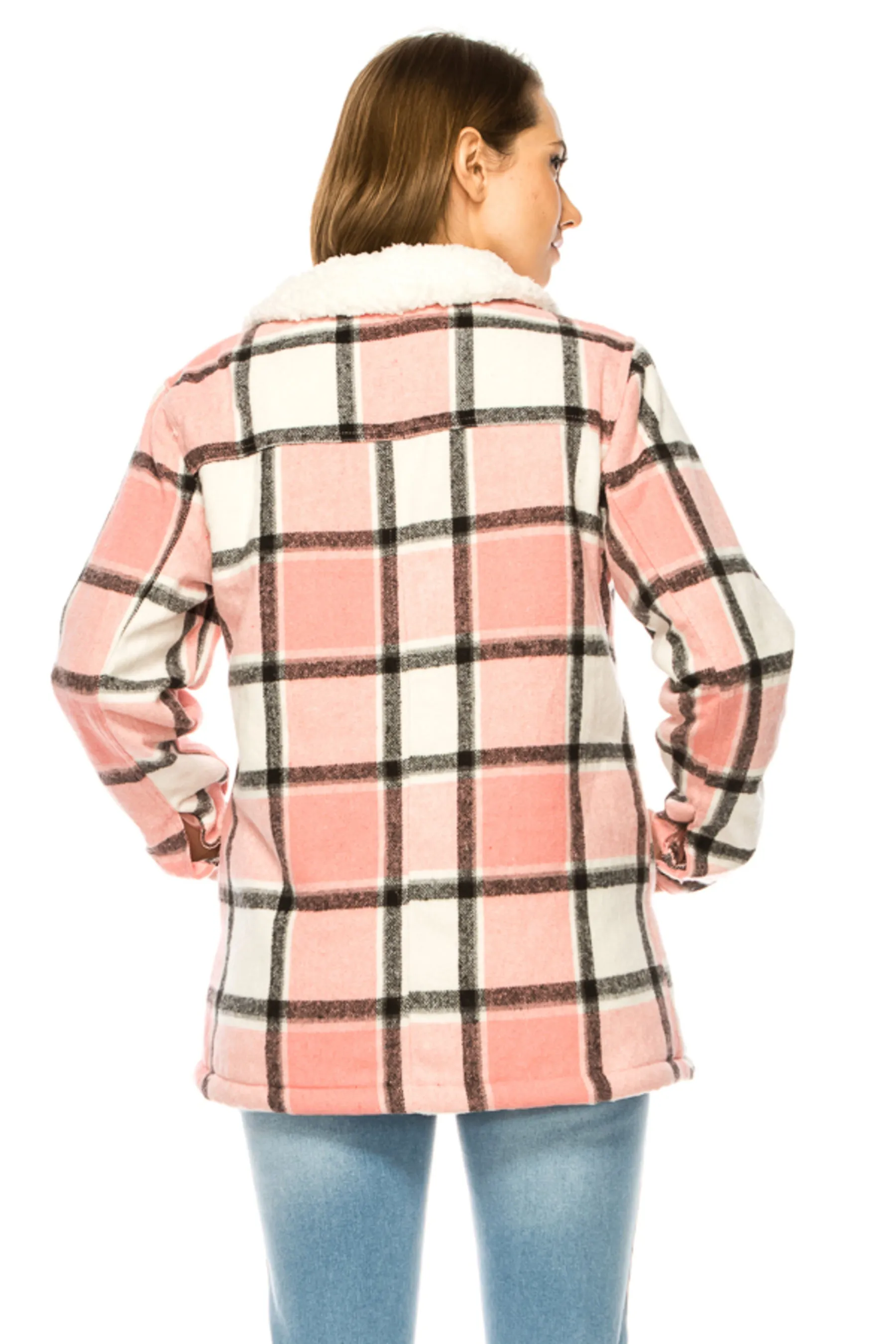 Women's Plaid fleece lined flannel jacket with side pockets