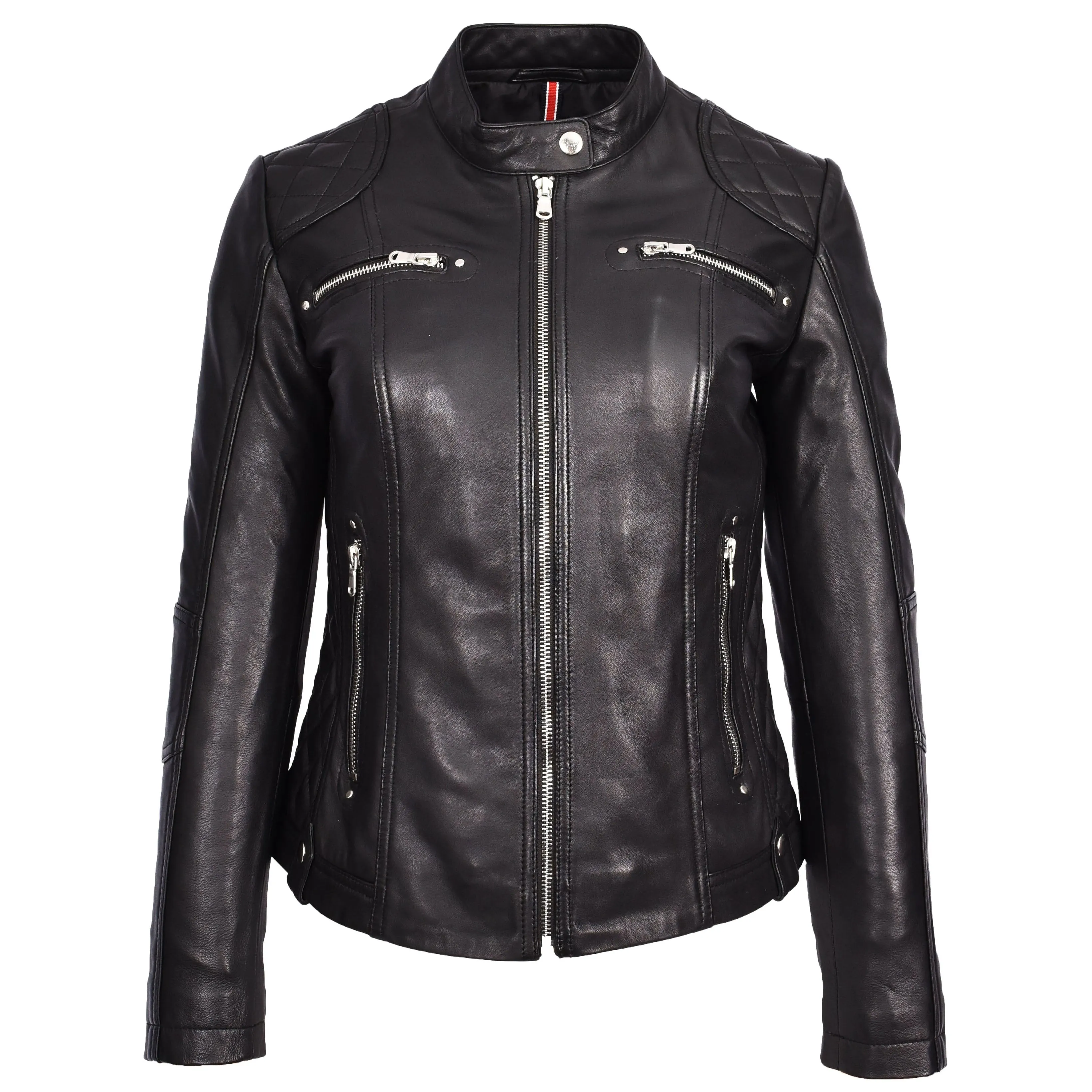 Womens Soft Black Leather Biker Jacket Fitted Quilted Casual Cafe Racer Style Zip Fasten Fiona