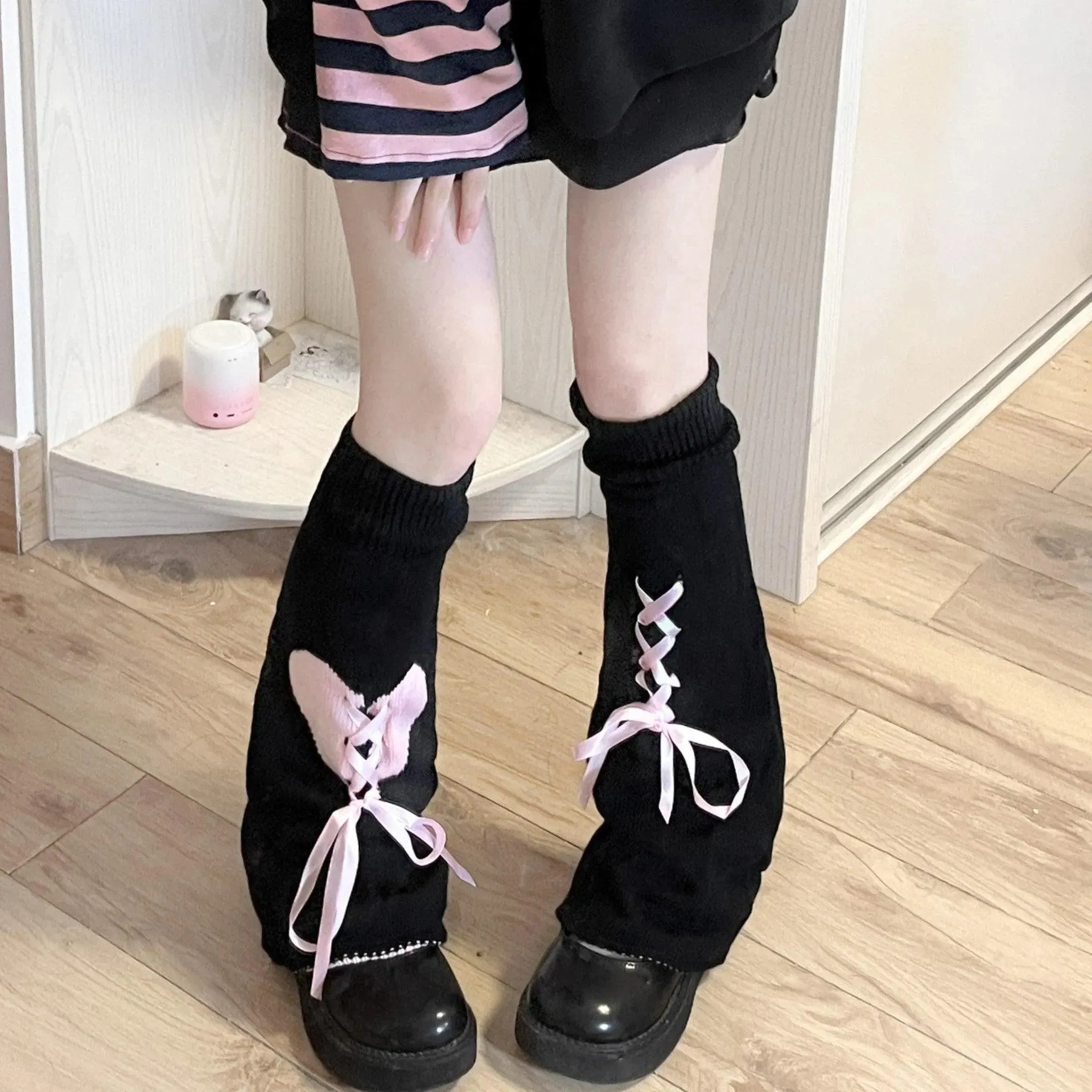 Y2K Outfits Black White Cute Leg Warmers with Ribbon and Heart