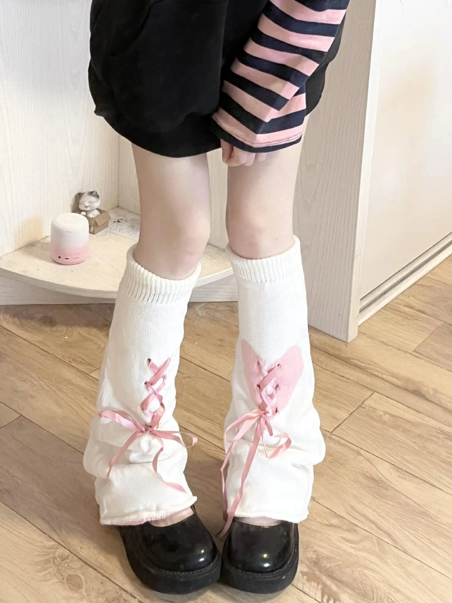 Y2K Outfits Black White Cute Leg Warmers with Ribbon and Heart