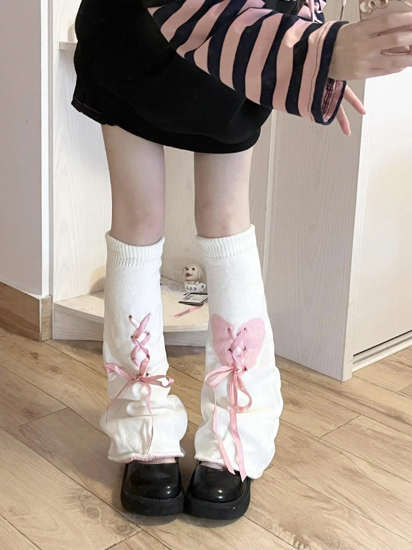 Y2K Outfits Black White Cute Leg Warmers with Ribbon and Heart